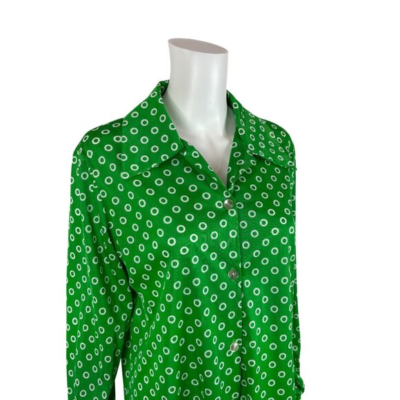 Vintage 70s Circle Top Women's XL Green Shiny Swim Cover Up Long Sleeve Shirt - Picture 5 of 10